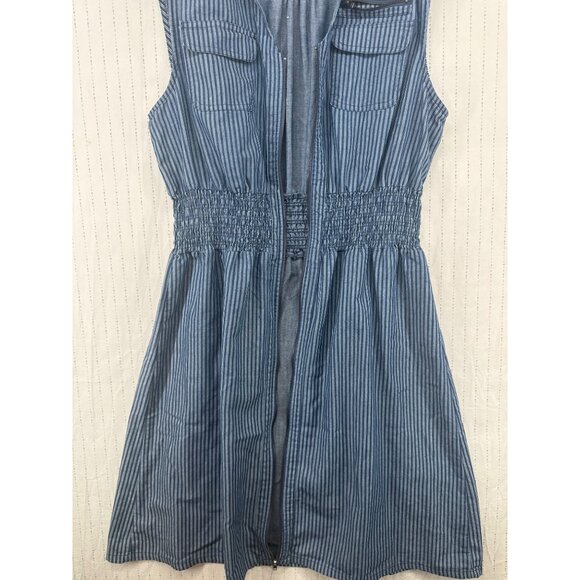 J Gee Dress Sz M? Blue Striped Shirt-Waist Zip-Up PolyCotton Slvless Pockets - Picture 2 of 13